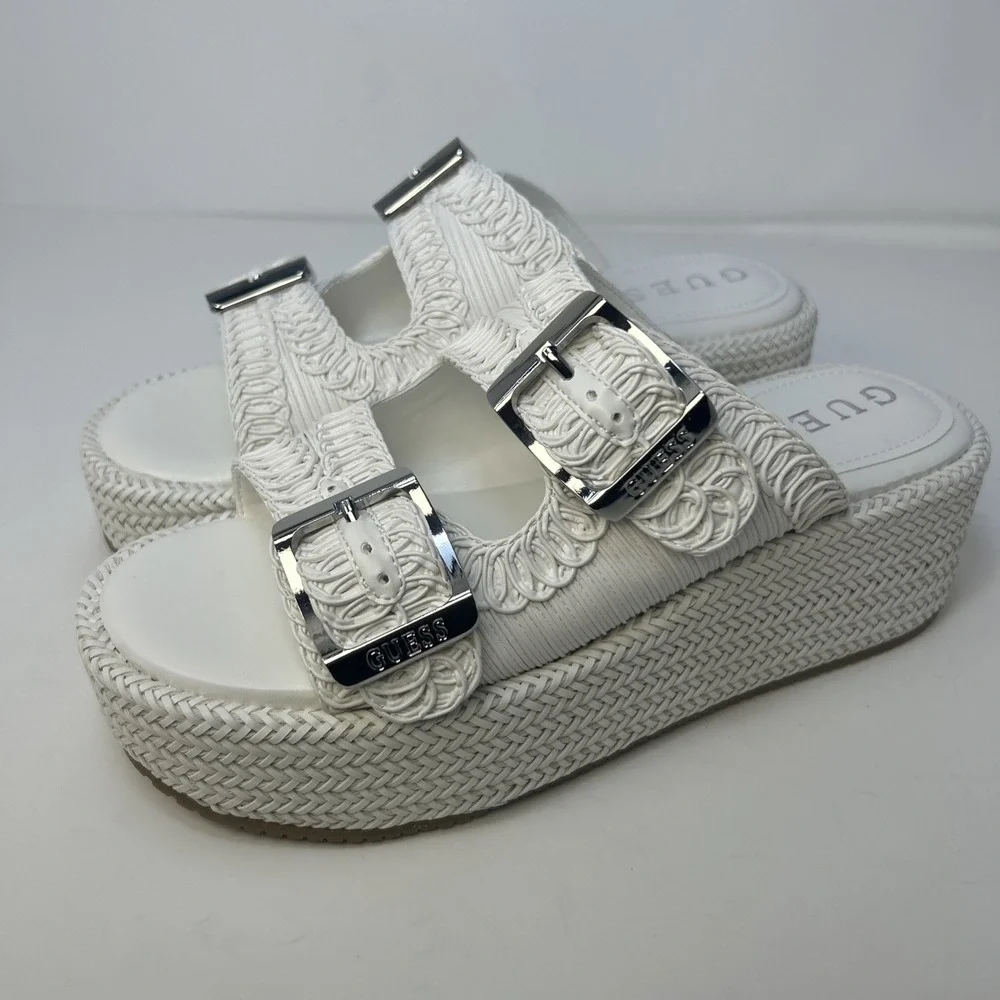 GUESS Binks‎ Woven Platform Sandals Ivory White Double Buckle Wedge Size 10M NIB